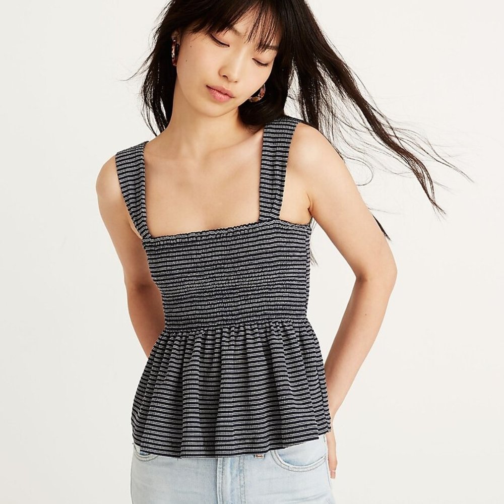 Texture & Thread Smocked Peplum Tank Top in Stripe, Size M, Navy & White